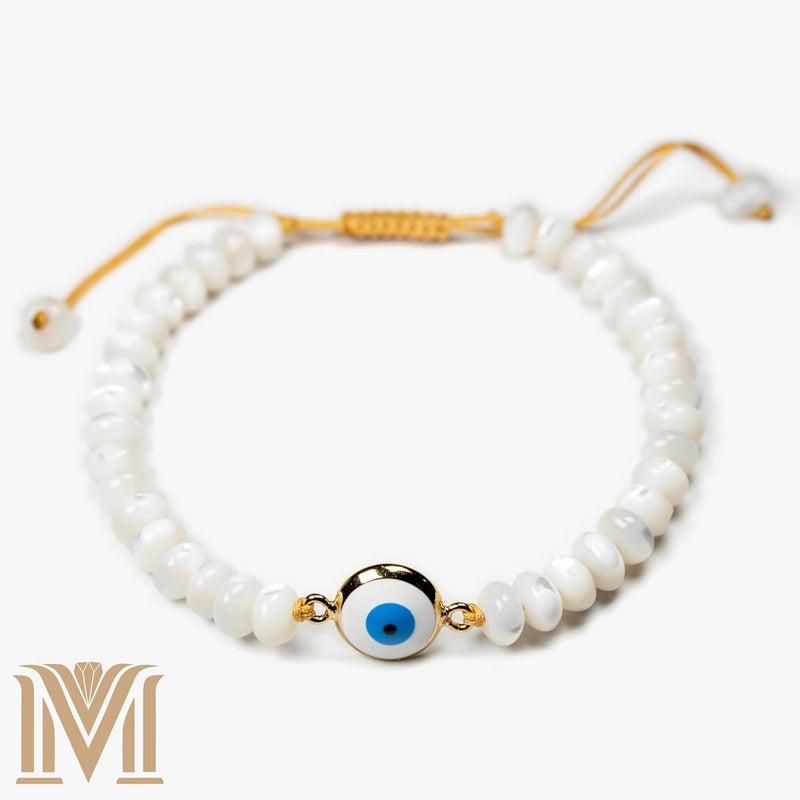 Mana Gallery Handmade Evil Eye Bracelet – White Mother of Pearl Beads with Gold-Plated Blue Eye Charm – Adjustable Macramé Cord – Protective Jewelry Gift for Women - Image 5